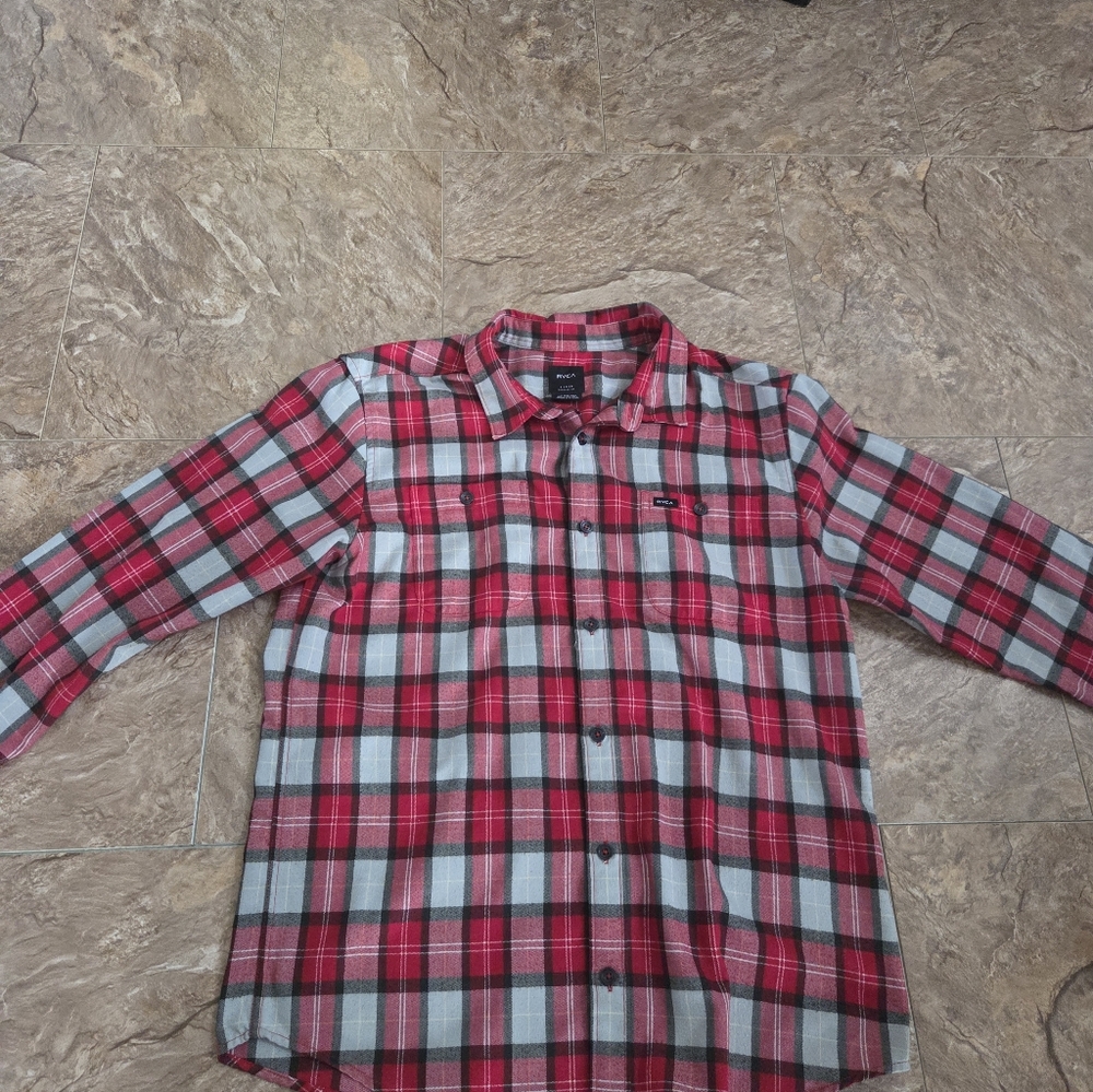 RVCA Mens Plaid Button Down Shirt - Red and Gray